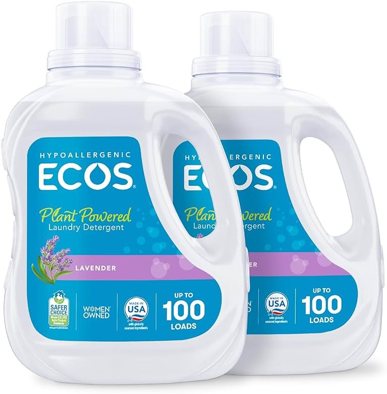 ECOS Laundry Detergent Liquid, 200 Loads - Dermatologist Tested Laundry Soap - Hypoallergenic, EPA Safer Choice Certified, Plant-Powered - Lavender, 100 Fl Oz (Pack of 2) - Product Image