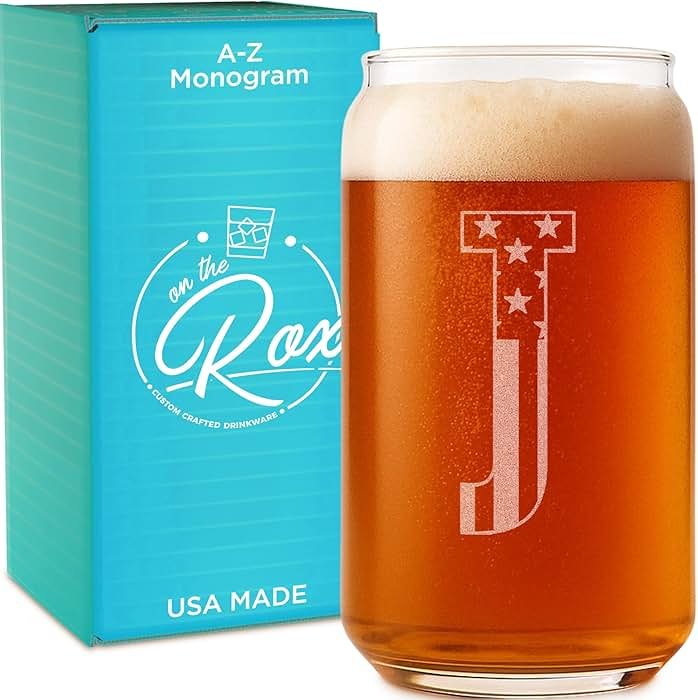 On The Rox Monogram Beer Glasses for Men (A-Z) 16 oz - Personalized Engraved Beer Gifts for Him - Groomsmen Gifts Brother in Law Dad Son Coworker - Unique USA Made Dishwasher Safe Pint Glass (J) - Product Image