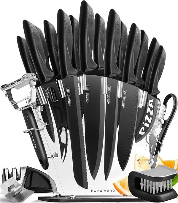 Home Hero Kitchen Knife Set - High Carbon Stainless Steel Blades & Built-In Sharpener - Ergonomic Handles & Cutlery Block Storage - Precision Cooking Prep with Chef Knife - 20 Pc, Black - Product Image