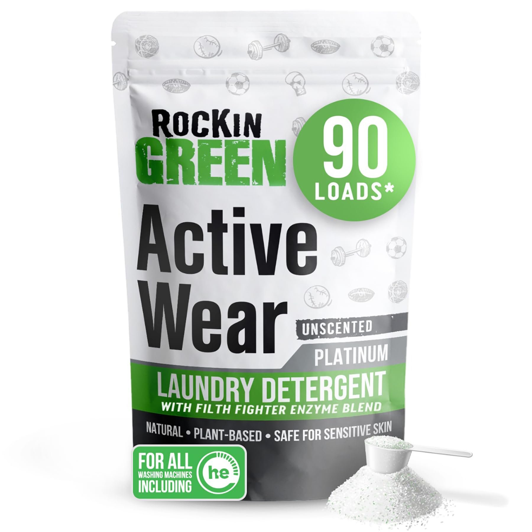 Rockin' Green Active Wear Laundry Detergent Powder & Odor Eliminator for Sportswear & Workout Clothes, Plant-Based Enzymes Target Sweat & Odor, Dermatologist Tested, Unscented, 90 Loads - Product Image