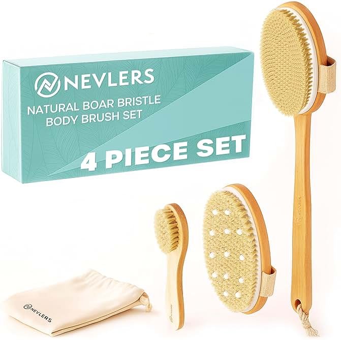 Nevlers Natural Boar Bristle Dry Brushing Body Brush 4-Piece Set | Brush Kit for Exfoliating, Lymphatic Drainage & Circulation | Body Brush, Face Brush, Long-Handled Back Brush + Storage Bag - Product Image
