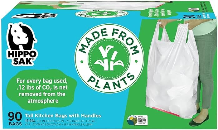 Hippo Sak - Plant Based Tall Kitchen Garbage Bags with Ergonomic Handles - 13 Gallon Trash Bags - Recyclable & Eco Friendly - Super Strong and Leak Proof Tall Kitchen Trash Bags (90 Count) - Product Image