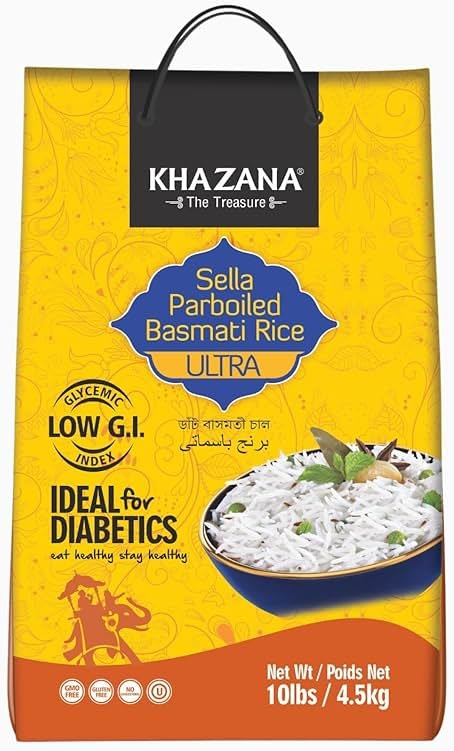 Authentic Ultra Long Sella Parboiled Basmati Rice by Khazana in 10 lb Bag - Aromatic and Flavorful Indian Grain - Non-GMO, Gluten Free, Kosher, Cholesterol Free - Product Image