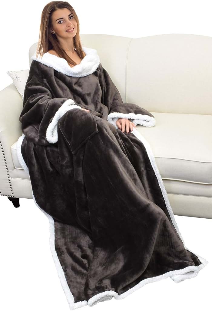 Catalonia Sherpa Wearable Blanket with Sleeves Arms, Comfy Sleeved TV Wrap Blanket, Large Snuggly Throw for Women and Men, Gift for Her - Product Image