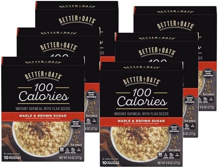 Better Oats 100 Calorie Maple & Brown Sugar Oatmeal, 10 Pouches (Pack of 6) | Made With Whole Grains, Rolled Grains, Flax Seeds, Cooks in 90 Seconds - Product Image