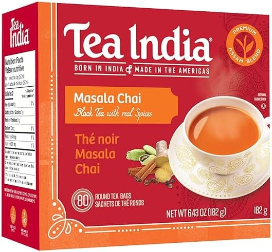 Tea India Masala Chai Tea Flavorful Blend Of Black Tea & Natural Ingredients Strong Full-Bodied Traditional Indian Caffeinated Tea 80 Round Teabags - Product Image