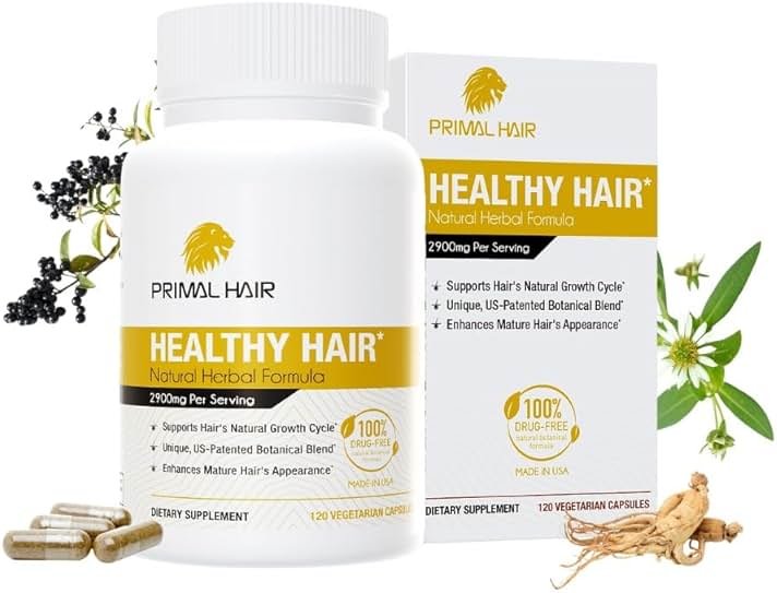 Primal Hair Natural Hair Growth Supplement for Men & Women - US Patented Botanical Formula for Thicker Fuller Hair - Anti-Hair Loss & Scalp Wellness - 100% Vegan, Non-GMO - 120ct (30-Day Supply) - Product Image