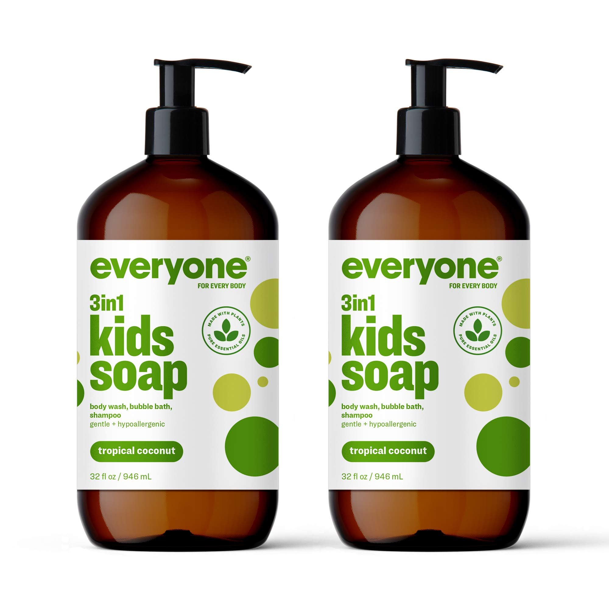 Everyone 3-in-1 Kids Soap, Body Wash, Bubble Bath, Shampoo, 32 Ounce (Pack of 2), Tropical Coconut, made with Essential Oils for Toddlers, Tweens and Teens - Product Image