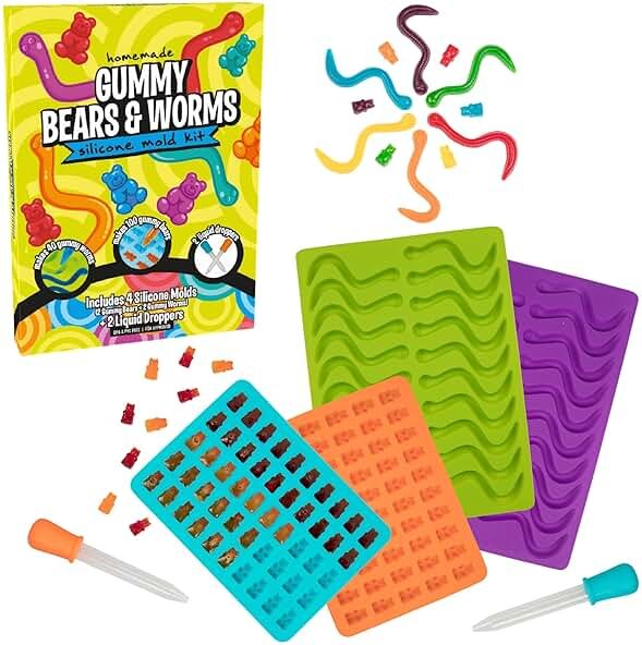 Silicone Gummy Bear & Worm Candy Molds- 4 Pack BPA-Free Chocolate Mold Set w 2 Droppers- Nonstick Flexible Baking Trays for Gummies, Candy, Ice Cubes- Makes 140 Pieces- Great for Homemade Treats - Product Image