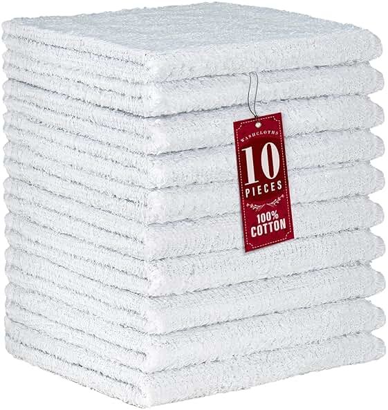 DecorRack 10 Pack 100% Cotton Wash Cloth, Luxurious Soft, 12 x 12 inch Ultra Absorbent, Machine Washable Premium Quality Washcloths, White (10 Pack) - Product Image