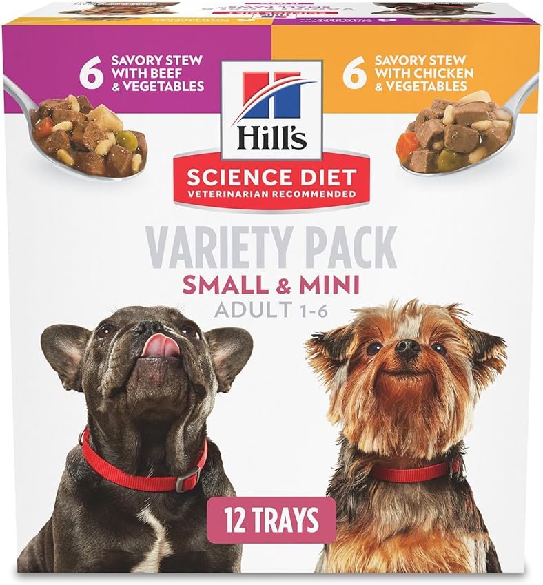 Hill's Science Diet Small & Mini, Adult 1-6, Small & Mini Breeds Premium Nutrition, Wet Dog Food, Variety Pack: Chicken & Vegetables; Salmon & Vegetables Stew, 3.5 oz Tray Variety Pack, Case of 12 - Product Image