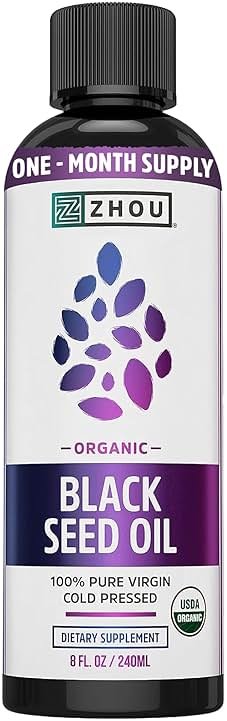 Zhou Organic Black Seed Oil - Black Cumin Seed Oil Cold Pressed, Nigella Sativa, Pure Unrefined Blackseed Liquid, Premium Supplement for Health with Thymoquinone, Omega 3 6 9 - 8 Fl Oz (Pack of 1) - Product Image