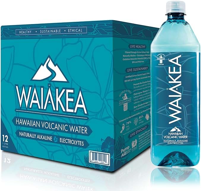 Waiakea Hawaiian Volcanic Water, Naturally Alkaline, 100% Recycled Bottle, 1L (Pack of 12), 33.8 Fl Oz (Pack of 12) - Product Image