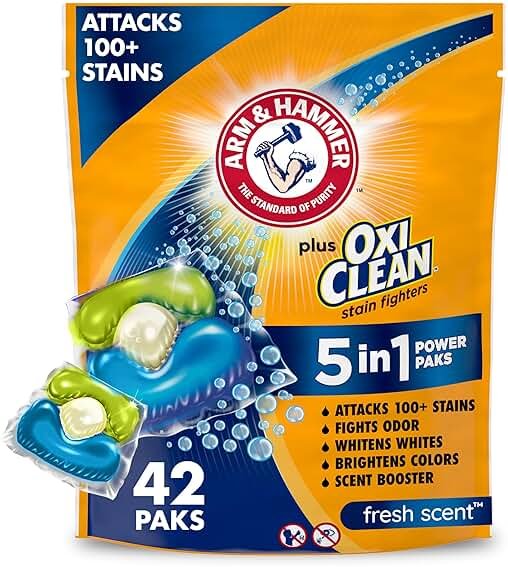 ARM & HAMMER Plus OxiClean Stain Fighters: 5-in-1 Laundry Detergent Power Paks, Laundry Stain Remover, Attacks 100 Plus Stains, Fresh Scent, 42 Count - Product Image