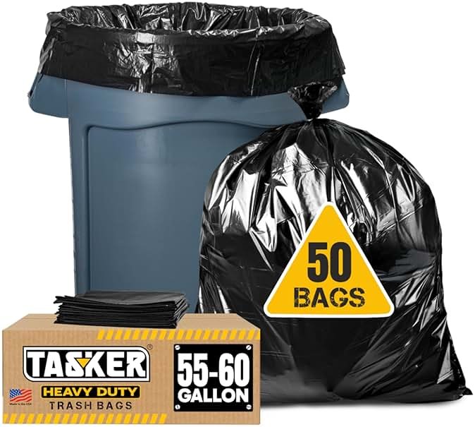 Tasker 55 Gallon Trash Bags | Value 50 Trash Bags w/Ties | Heavy Duty Extra Large Industrial Trash Bags 55 Gallon, Lawn and Leaf Bags, Extra Large Outdoor Contractor Trash Can Liners, 50-60 Gallon - Product Image