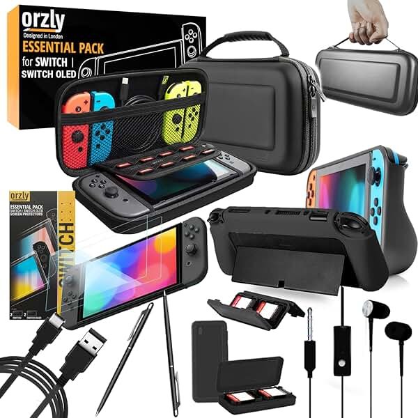 Orzly Switch 1 / Switch OLED Accessories Bundle – Case & Screen Protector for Nintendo Switch 1 (2017-2024 Console) Charge Cable, Game Holder, Comfort Grip Case, Headphones & More – Gift Box Edition - Product Image