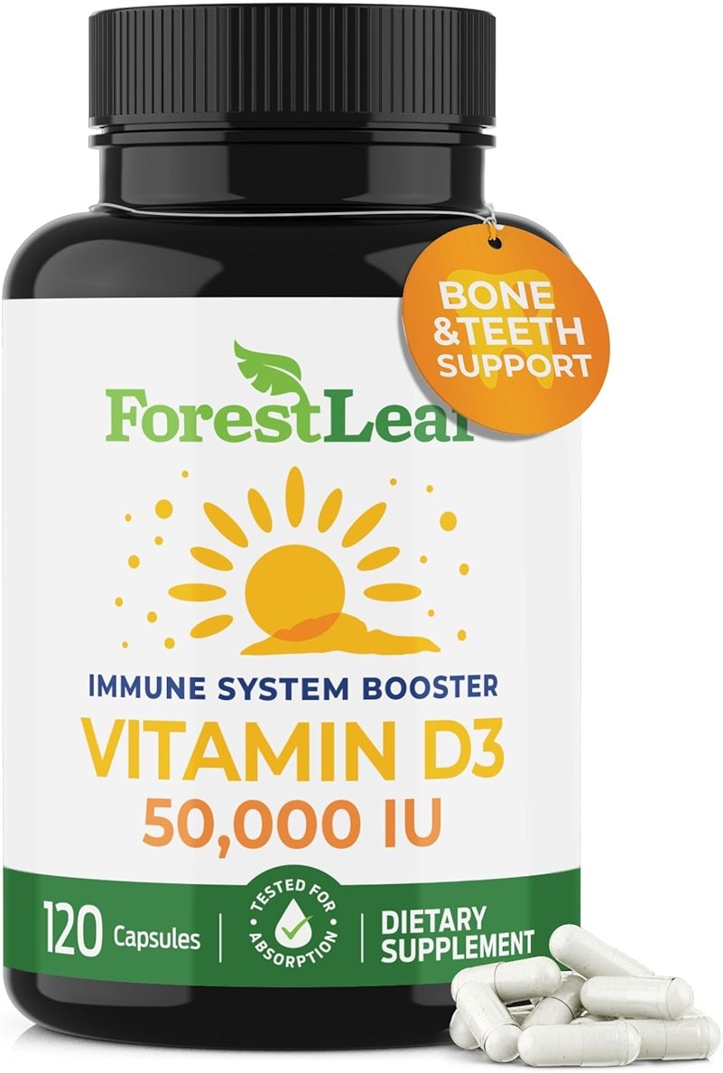 ForestLeaf Vitamin D3 50,000 IU | VIT D - Kosher VIT D3 Vitamin D Supplement for Women and Men | Bone Health, Teeth, Immune Support | Weekly Dose, 2-Year Supply, 120 Caps - Product Image