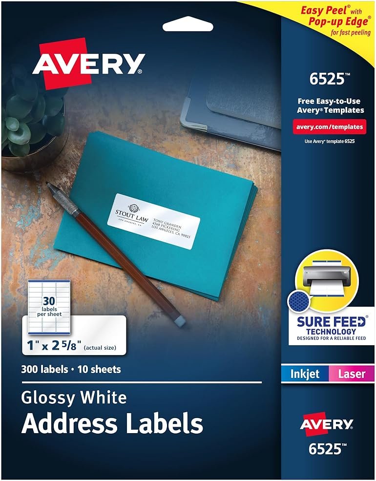 Avery Address Labels, Sure Feed and Easy Peel Technology, Glossy White Labels, 1" x 2-5/8", Permanent Adhesive, Laser/Inkjet, 300 Total (6525) - Product Image