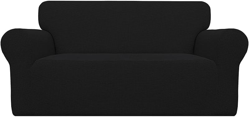 Easy-Going Stretch Loveseat Slipcover 1-Piece Sofa Cover Furniture Protector Couch Soft with Elastic Bottom for Kids Polyester Spandex Jacquard Fabric Small Checks (Loveseat, Black) - Product Image