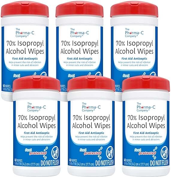 The Pharma-C Company -70% Isopropyl Alcohol Wipes [6 pack - 40ct Canisters] - Bulk IPA First Aid Antiseptic Wound Cleaner with Moisture Lock Lid. For minor cuts, scrapes, and burns. - Product Image