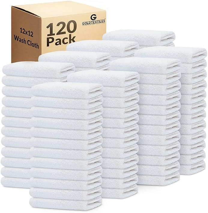 GOLD TEXTILES 120 Pack Economy White Washcloths Set (12x12 inches) - Cotton Blend Commercial Grade Cleaning Rags, Quick Drying & Soft Face Cloths, Fingertip Towels for Bathroom, Spa, Gym, and Kitchen - Product Image