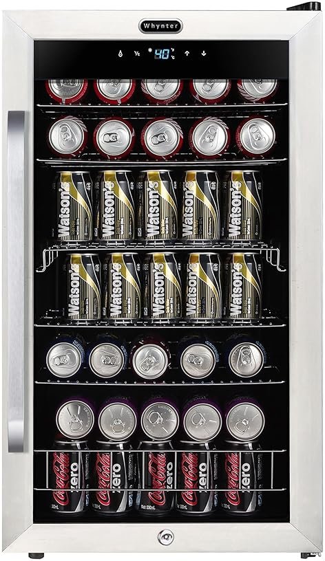 Whynter Beverage Refrigerator with Double-Layer Glass Door, 136-Can 3.4 Cu. Ft. Drink Mini Fridge with Lock & Digital Control, BR-1211DS, Stainless Steel - Product Image
