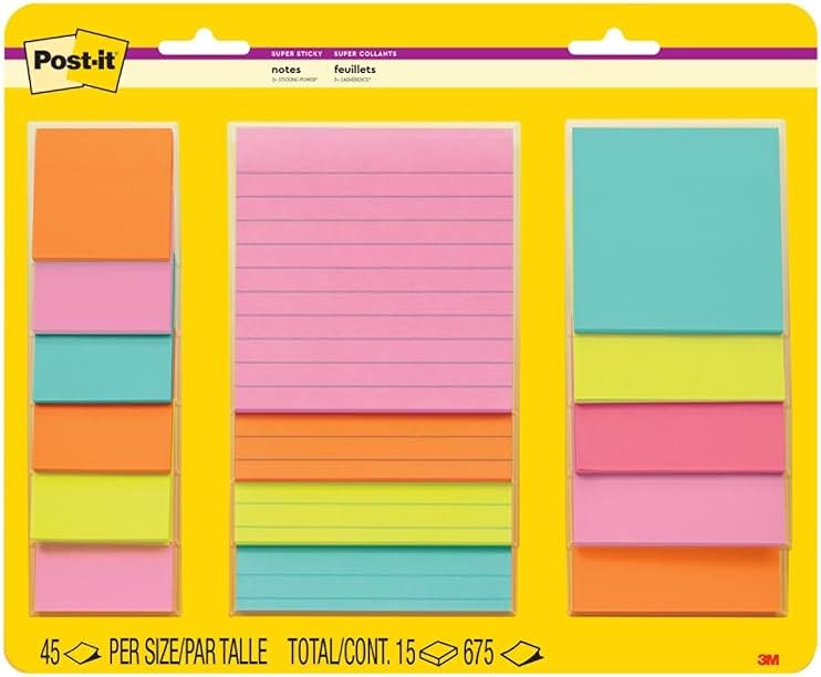 Post-it Super Sticky Notes, 15 Sticky Note Pads, Multi-Size., Back to School Supplies, Office Products, 2X the Sticking Power, Supernova Neons Collection - Product Image