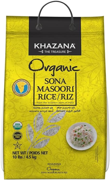 Organic Sona Masoori Rice by Khazana in 10 lb Bag - Aromatic and Flavorful Indian Grain - Non-GMO, Gluten Free, Kosher, Cholesterol Free - Product Image