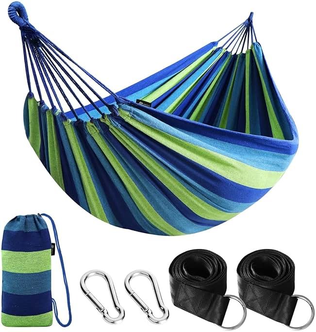 ANYOO Cotton Hammock Portable Camping Hammocks for Hanging Sturdy Garden Comfortable Fabric Hammock with Tree Straps Up to 660lbs with Travel Bag for Camping Outdoor/Indoor Patio Backyard - Product Image