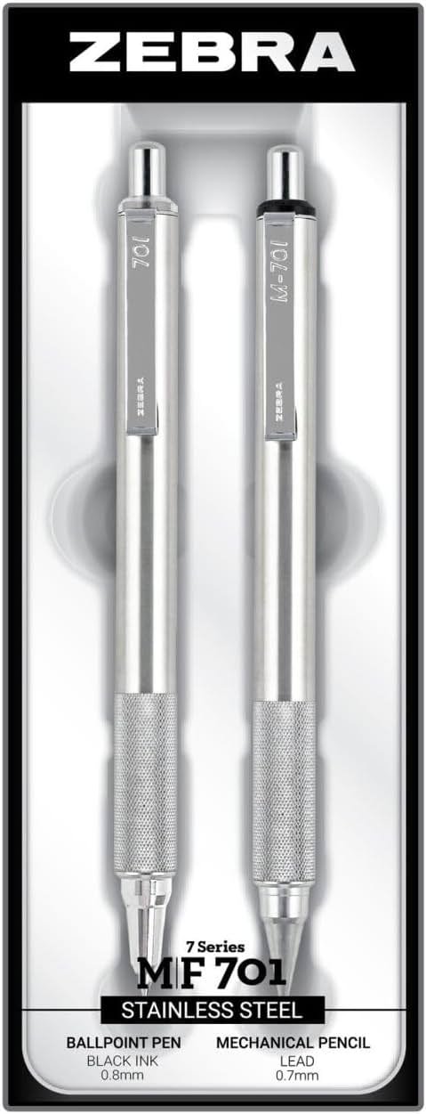 Zebra Pen M/F 701 Stainless Steel Mechanical Pencil and Ballpoint Pen Set, Fine Point, HB Lead and Black Ink, Ideal for Tactical Use, 2-Pack Gift Set (10519) - Product Image