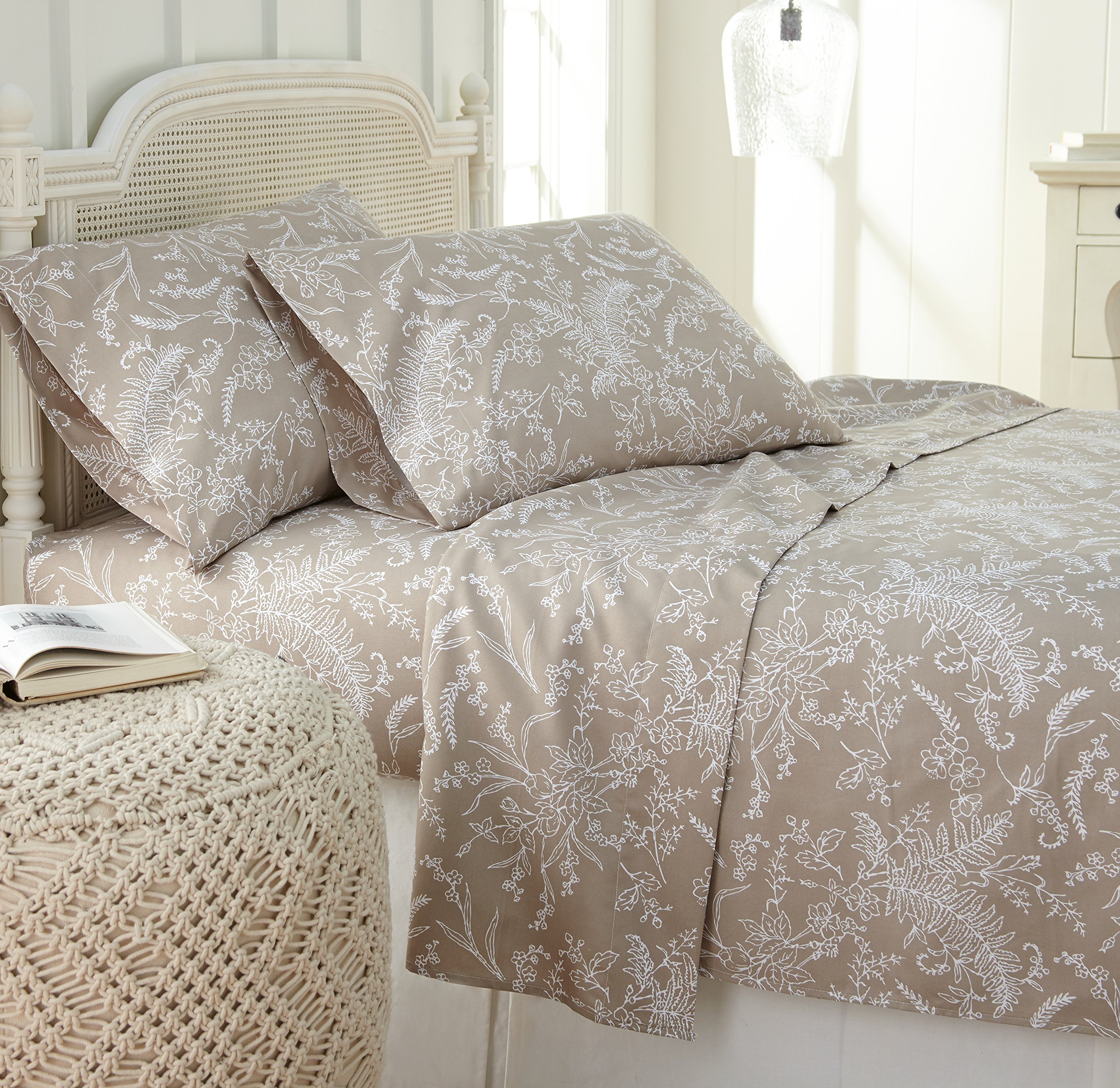 Southshore Fine Living, Inc. Winter Brush Floral Sheets, 4-Piece, 15 Inch Boho Sheets King Size, Deep Pocket King Sheet Set, Pet Hair Resistant, Botanical Sheet Set - Warm Sand, White Flowers - Product Image