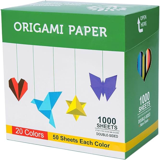 Origami Paper Kit 1000 Sheets 6 Inch Square Double Sided 20 Vivid Colors for Origami Crane, Heart，Perfect for Beginners,Kids,Parent-Child Interaction & School DIY Handmade Craft Lessons，Ideal Gifts - Product Image