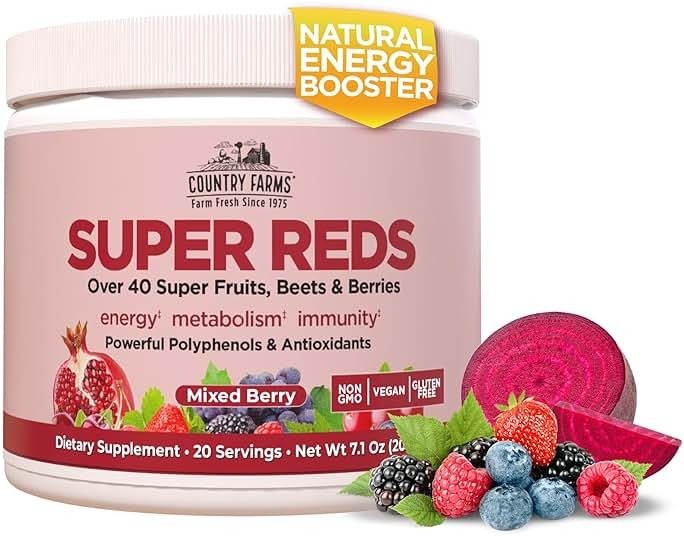 COUNTRY FARMS Super Reds, Energizing Polyphenol Superfood, 48 Super Fruits and Berries, Powerful Antioxidants and Polyphenols, Supports Energy, 20 Servings, Mixed Berry Flavor - Product Image