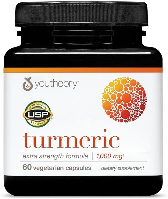 Youtheory Turmeric Extra Strength - 1,000 mg - Supports Brain, Muscle & Joint Health* - Contains Bioenhancers, Curcuminoids & Herbal Extracts - USP Verified - 60 Vegetarian Capsules (30-Day Supply) - Product Image