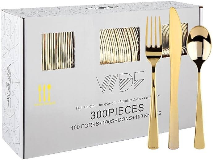 WDF300 Pieces Gold Plastic Silverware - Heavy Duty Disposable Cutlery Set Plastic Gold Silverware Set Includes 100 Forks, 100 Spoons, 100 Knives for Party Baby Shower Wedding Spring - Product Image