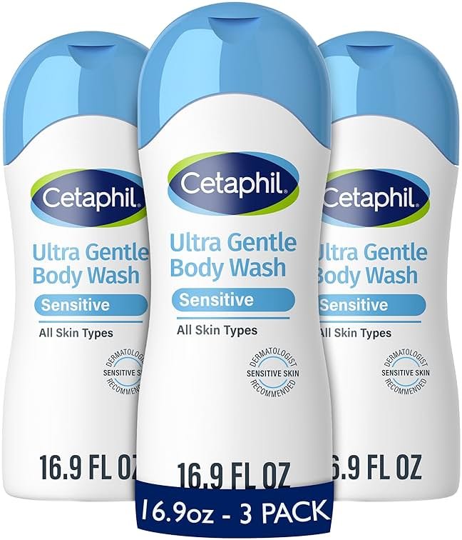 Cetaphil Ultra Gentle Body Wash, For Dry to Normal, Sensitive Skin, 16.9oz Pack of 3, Aloe Vera, Vitamin B5, Hypoallergenic, Paraben Free, Fragrance Free, Dermatologist Tested - Product Image