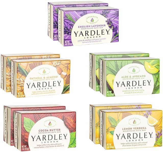 Yardley London Soap Bath Bar Bundle - 10 Bars: English Lavender, Oatmeal and Almond, Aloe and Avocado, Cocoa Butter, Lemon Verbena 4.25 Ounce Bars (Pack of 10 Bars, Two of each) - Product Image