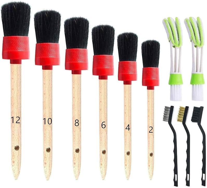 Nurkul 11Pcs Auto Detailing Set, Boar Hair Brushes, Steel Wire & A/C Brushes, Red, Soft Bristles, Wood Handles for Cleaning Interior, Exterior, Leather, 6 Sizes - Product Image