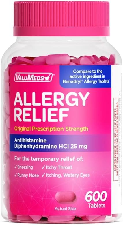 ValuMeds Allergy Medicine Antihistamine, Diphenhydramine HCl 25 mg | Children and Adults | Relieve Itchy Eyes, Runny Nose, Sneezing (25 mg, 600 Count) - Product Image
