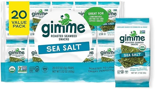 Gimme Seaweed Organic Premium Roasted Seaweed Snacks, Sea Salt, 20 Count, Keto, Vegan, Gluten-Free, Great Source of Omega3s and Iodine, Healthy On-The-Go Snack for Kids and Adults - Product Image
