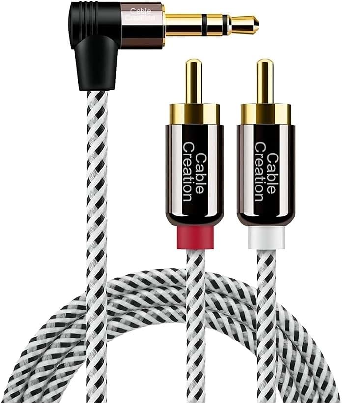 CableCreation 3.5mm to RCA Cable, Angle 3.5mm Male to 2RCA Male Auxiliary Stereo Audio Y Splitter Gold-Plated for Smartphones, MP3, Tablets, Speakers, Echo Dot, Home Theater, HDTV, 10FT/3M - Product Image