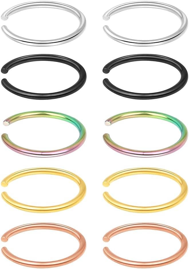 Velcare 1-16Pcs 16G 18G 20G 22G Nose Rings Hoops Nose Piercings Fake Nose Ring Fake Septum Nose Ring Fake Lip Rings Fake Septum Piercing Fake Nose Piercing Fake Nose Hoop Faux Nose Rings Clip On Nose Cuffs Nose Piercing Jewelry Nose Rings for Women Men Nose Hoops Cartilage Hoop Earring - Product Image