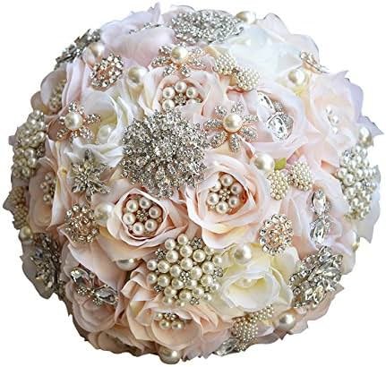 Abbie Home 10" Luxury Brooch Bouquet for Wedding - Crystal Rhinestone Jewelry and Pearls Decorated Rose Bouquet Bridal Flower in Champagne Blush (Champagne) - Product Image