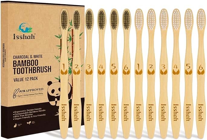 Isshah Biodegradable Eco-Friendly Natural Bamboo Charcoal Toothbrushes, FSC Certified and PETA Approved - 12 Count - Product Image
