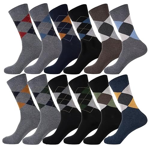 YEJIMONG Men's Cotton Dress Crew Socks 12 Pairs, Fun Patterned & Striped Casual Socks, Animal & Sports Designs, Size 9-12 - Product Image