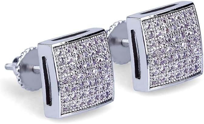 TOPGRILLZ 925 Sterling Silver Square Screw Stud Earrings 14K Gold Plated 5A+ Cubic Zirconia Iced Out Square Screw Back Hypoallergenic Cube Large Stud Earrings For Men Women - Product Image