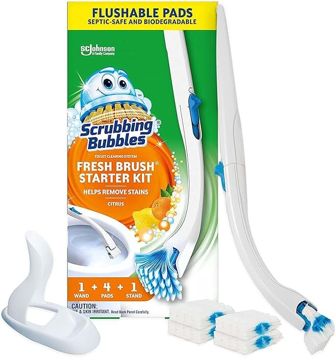 Scrubbing Bubbles Toilet Bowl Cleaning System with Flushable & Disposable Cleaner Refill Pads, Fights Odors and Helps Remove Limescale & Hard Water Stains, Citrus Scent, 1 Wand + 4 Refills + 1 Stand - Product Image