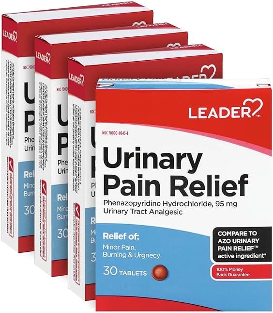 LEADER Urinary Maximum Strength, Fast Action for Burning & Urgency, Phenazopyridine Hydrochloride 95 mg, 30 Tablets, 4-Pack - Product Image