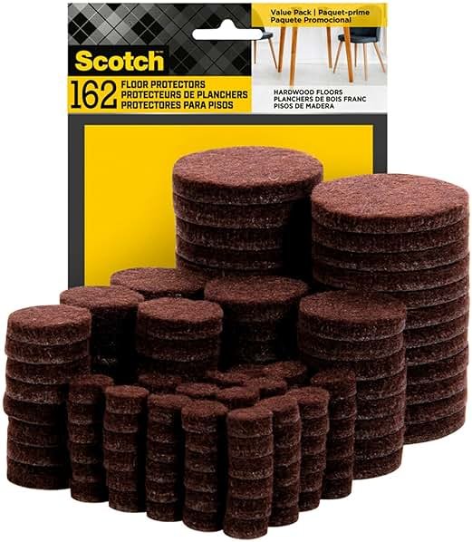 Scotch Felt Pads 162 PCS Brown, Felt Furniture Pads for Protecting Hardwood Floors, Round, Assorted Sizes Value Pack, Self-Stick design, Protecting from nicks, dents and scratches (SP847-NA) - Product Image