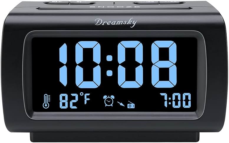 DreamSky Alarm Clock Radio for Bedrooms with Battery Backup | Large Numbers with Dimmer Wheel, USB Port, Bedside Digital FM Radio with Sleep Timer, Temperature, Adjustable Volume, Snooze - Product Image